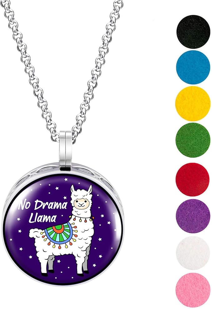 Wild Essentials No Drama Llama Enamel Finish Essential Oil Diffuser Necklace Gift Set - Includes Aromatherapy Pendant, 24" Stainless Steel Chain, 8 Color Refill Pads