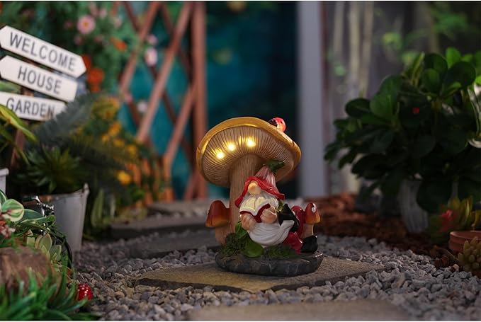 Garden Gnomes Statues Outdoor Decor Outside Yard Art Mushroom Solar Light Funny Gnome Figurine for Yard Patio Gifts for Mom Women (Multicolor)