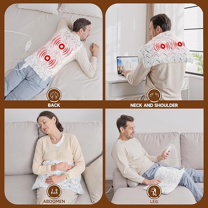 Heat Massaging Weighted Heating Pad for Back Pain Relief, Weighted Electric Heating Pad with Massaging Vibrations 12"x24" 3.7lb BPA-Free Non-Toxic Beads, 4 Heat Settings, 4 Massage Modes, 2h Auto-Off