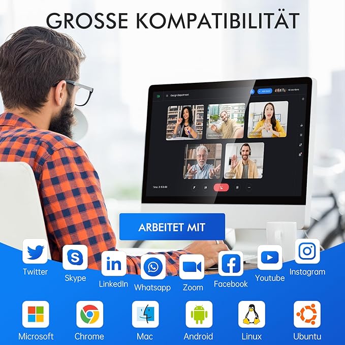 Eye Contact Webcam for PC,1080P Center Cam with Microphone Plug & Play Computer Camera with Adjustable Gooseneck,Middle Screen Webcam for Zoom,Video Call, Skype, Teams