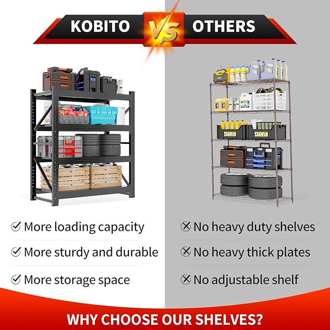 Kobito 4000LBS Garage Storage Shelves, 47" W Garage Shelving Heavy Duty Adjustable Shelving Unit, 4 Tier Metal Utitly Shelves Industrial Shelving for Warehouses,Basement,Black