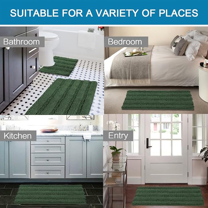 H.VERSAILTEX Bathroom Rugs Bath Rug Set 2 Piece Bathroom Contour Rug Toilet Mat Sets Non Slip Contour Bath Rug Ultra Thick Water Absorbent Striped Bath Mats(36" x 24" Plus 20" x 24" U, Bronze Green)