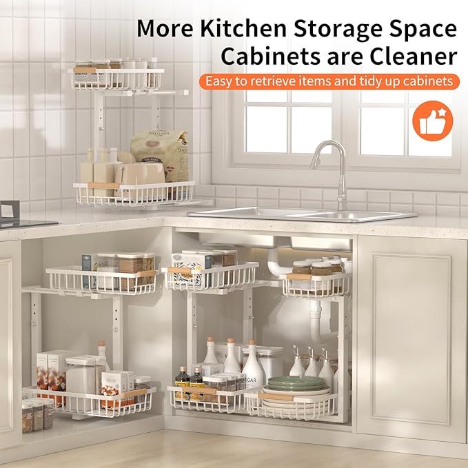 Under Sink Organizer, Under Sink Organizers and Storage, 2-Tier Pull Out Under Cabinet Organizer Storage Shelf, Metal Frame, Height Adjustable Rack for Bathroom Kitchen Pantry