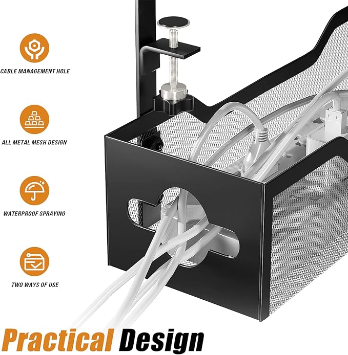Under Desk Cable Management Tray 13.38", Quszmd Cable Organizer No Drill, Standing Cord Organizer and Wire Management Tray - No Damage to Desk, Black