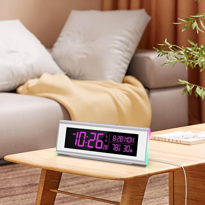 Digital Alarm Clocks for Bedrooms, LED Desk Clock with RGB Night Light, Brightness Dimmer, Date, Week, Temperature Large Display, Modern Decor for Desk, Office, Gift for Kids, Teen, Adults (Silver)