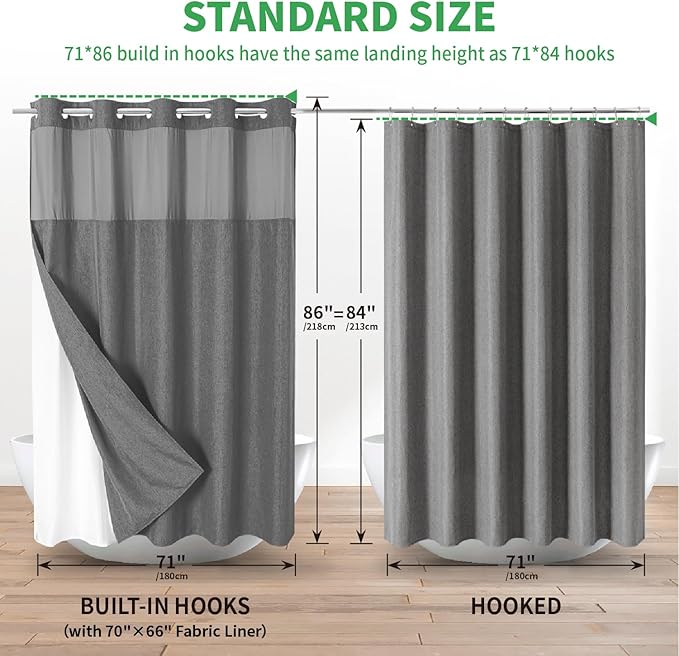 Extra Long No Hooks Needed Linen Textured Shower Curtain with Snap-in Fabric Liner Set,White Hotel Luxury Decor Shower Curtains for Bathroom,Waterproof & Washable,71Wx86H,Charcoal Grey
