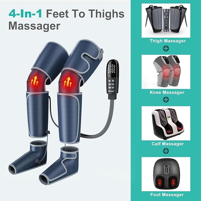 SLOTHMORE Leg Massager for Circulation and Pain Relief, Air Compression Foot Massager with 3 Heat Levels 4 Modes, 4-in-1 Foot Calf Knee & Thigh, Knee Heating Therapy, Gift for Mom Dad