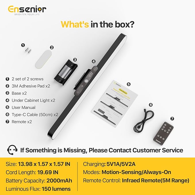 Ensenior Light Bar, 14 inch Rechargeable Under Cabinet Motion Sensor Lighting with Stepless Dimming Magnetic 3CCT Remote 2000mAh, Motion Sensor Light Indoor for Kitchen, Vanity Mirror, Closet, 2 Pack