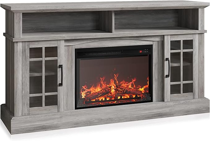 BELLEZE Traditional 58" Rustic TV Stand with 23" Electric Fireplace Heater with Sound, Media Entertainment Center Console Table for TV up to 65" with Open Storage Shelves and Cabinets - Grey Wash