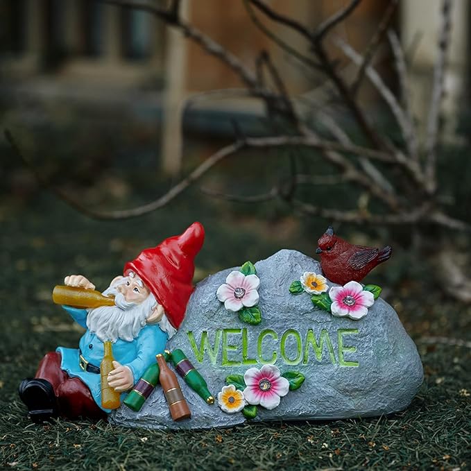 Funny Garden Gnomes Statue with Welcome, Solar Outdoor Gnomes Decorations for Yard, Patio, Lawn, Fathers Day Birthday Housewaming Gifts for Dad, Men, Husband, Grandpa, 11.8 Inch, Resin