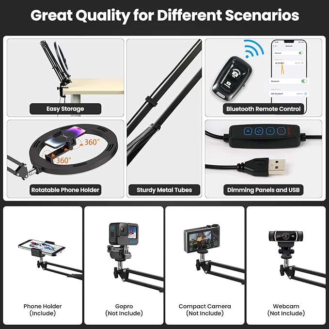 Ring Light with Overhead Camera Mount, 10W Ring Light with Desk Clamp, Phone Holder for Video Recording, Ideal for Artist/Painting/Jewelry Making/Knitting/Crochet/Embroidery/Pottery/Leather Crafting