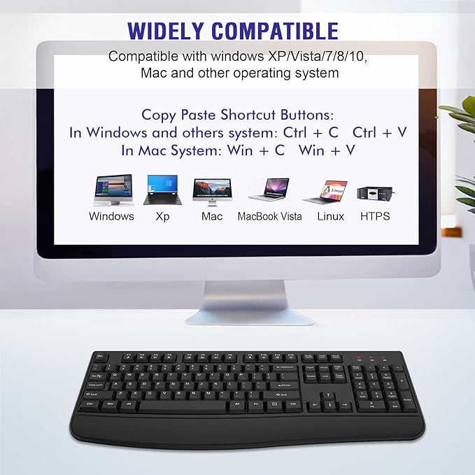 Wireless Keyboard, 2.4G Full-Sized Ergonomic Wireless Computer Keyboard with Wrist Rest for Windows, Mac OS Laptop/PC/Desktop/Notebook(Black)