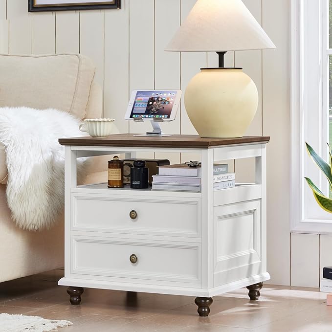 24" Wide Farmhouse Night Stand,Large End Table with 2 Drawers & Metal Handle,Wood Dresser for Bedroom, White Bed Side Table Chest of Drawers Cabinet,Nightstand for Living Room,Closet