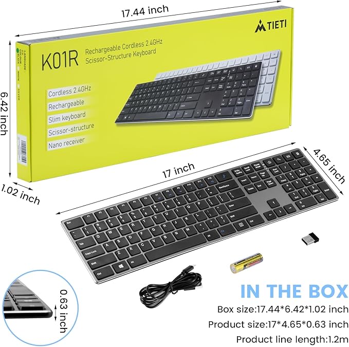 TIETI K01R Wireless Keyboard, 2.4G Slim and Compact Wireless Keyboard with Numeric Keypad, Long Battery Life, Lag-Free for PC Laptop Computer Windows, Space Grey