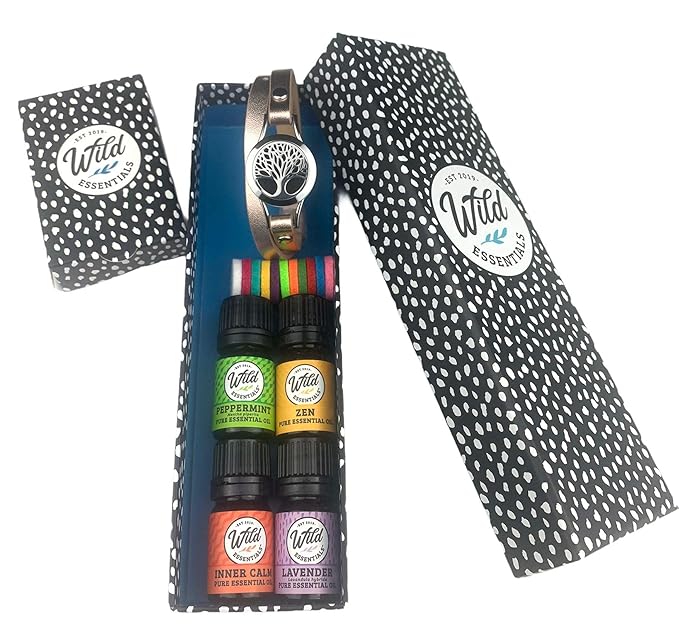 Wild Essentials Tree of Life Essential Oil Leather Wrap Bracelet Diffuser, Gift Set, Lavender, Lemongrass, Peppermint, Orange Oils, 12 Pads, Customizable Color Changing Perfume Jewelry, Aromatherapy