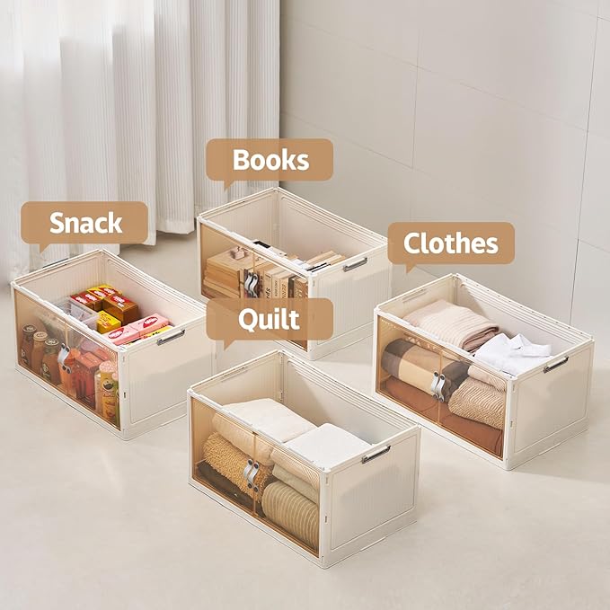 4 Pack Plastic Storage Bins with Drawers - 388QT Foldable Stackable Storage Bins with Lids - Closet Craft Organizers and Storage - Plastic Drawer Storage for Bedroom(97QT×4), 22.8 Gal