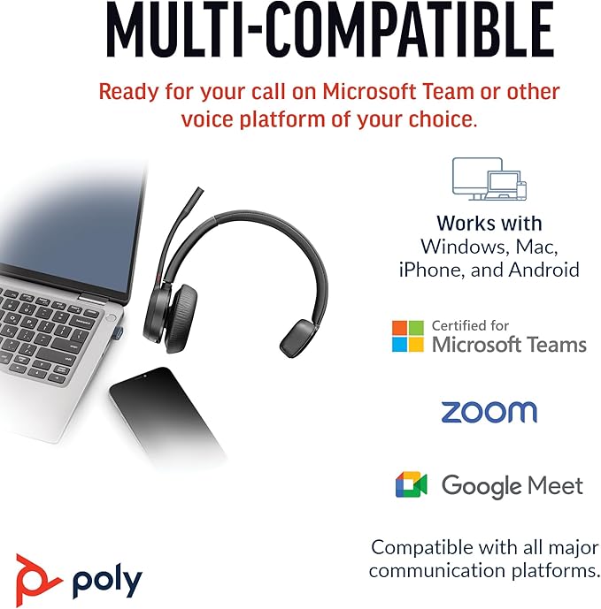 Poly Voyager 4310 UC Wireless Headset (Plantronics) - Single-Ear Bluetooth Headset w/Noise-Canceling Boom Mic - Connect PC/Mac/Mobile via Bluetooth - Works w/Teams (Certified), Zoom - Amazon Exclusive