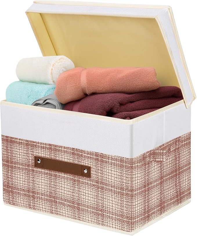 TYEERS Collapsible Storage Bins with Lids, Patchwork Design, Washable, Fabric Storage Boxes, 14.9x9.8x9.8 inches, 3 Pack, Camel Tan