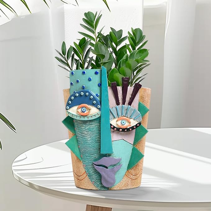 Picasso Flower Pot/Vase, Unique Planters, Abstract Face Flower Pots, with Drainage Holes, Handcrafted Resin Vases for Artistic Home Décor (Large)