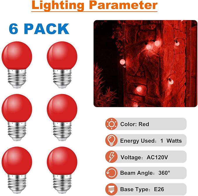 Red Light Bulb,1W E26 Red LED Lights Bulb,Small Colored Bulbs for Outdoor Indoor,Red Night Lights Bulb 1W Equivalent 5 Watt,Red Colored Bulbs for Halloween Party Christmas Bedroom,Pack of 6