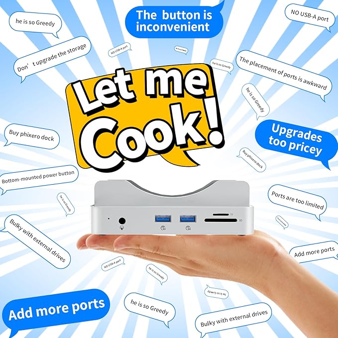 Phixero (2TB Storage) M4 Mac mini Dock, Aluminum unibody Design, 6-in-1 hub, 10Gbps USB-A, SD/TF Reader, Space-Saving Design, Non-Removable SSD