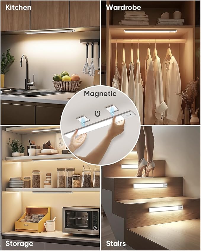 Under Cabinet Lighting Wireless, Rechargeable 62 LED Motion Sensor Light Indoor, 3 Color Temps Closet Lights with Remote Control, Dimmable Magnetic Under Counter Lights for Kitchen, Stairs, 6 Pack