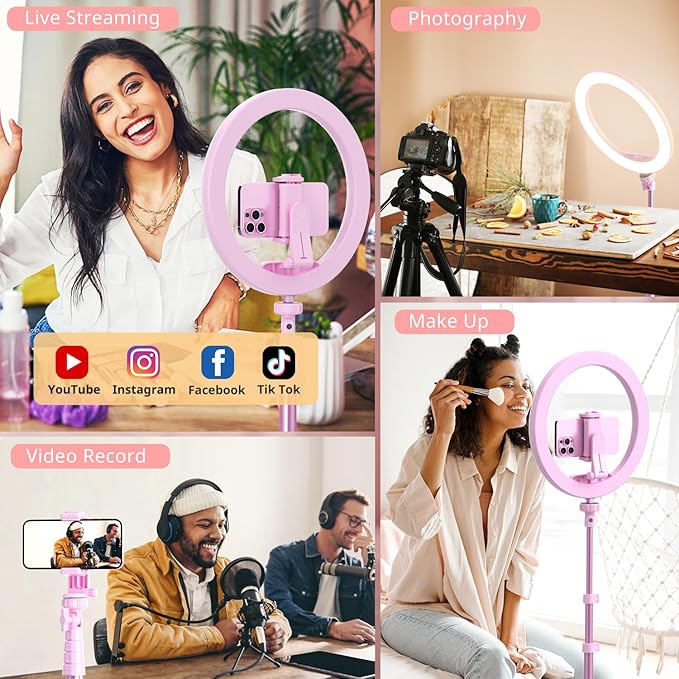 UBeesize 12” Selfie Ring Light with 62” Extendable Tripod Stand & Remote, LED Light with Phone Holder for Video Recording/Makeup/Content Creator (YouTube/TikTok/Twitch), Phone, Camera & Webcam (Pink)