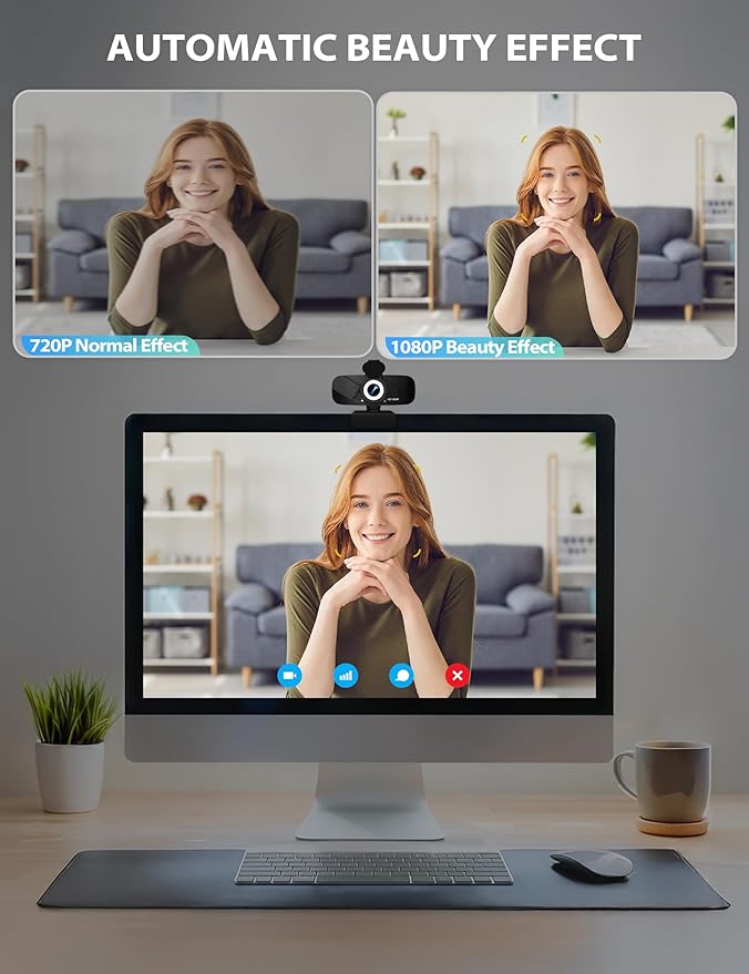 RUWBY Full HD 1080P Webcam with Microphone and Rotatable Tripod, Light Correction, Wide Angle and Plug and Play Video Camera for Desktop PC or Laptop