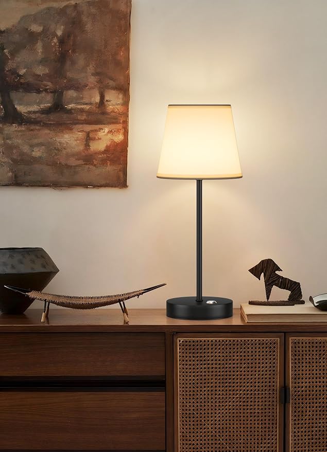 2 Pack Cordless LED Table Lamps, Battery Operated Fabric Shade Desk Lamp, 3 Color Stepless Dimmable Rechargeable Lamp for Dinner/Restaurant/Bedroom/Bars/Camping(Black)