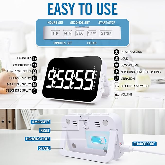 Kitchen Timer (1.5" Number) 10 RGB Color Changing Digital Magnetic Timer, Countdown/Up, Rechargeabilit, 3 Brightness Display, 3 Volume Levels and Vibration Mode, for Classroom, Study, Fitness