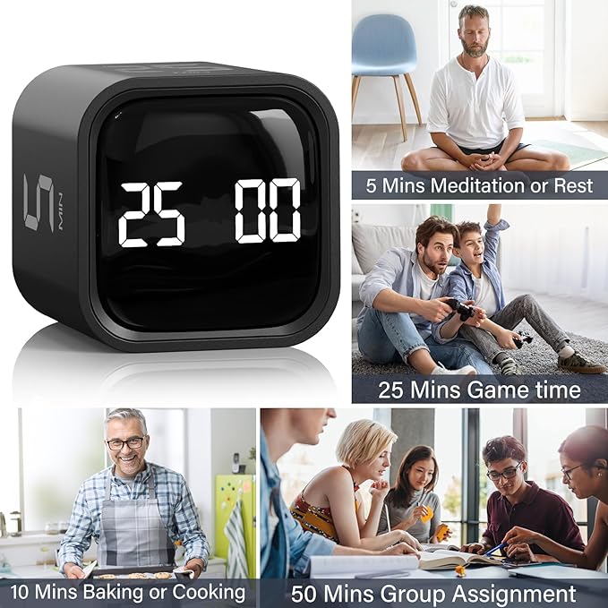 Rotating Pomodoro Timer 5, 25, 10 50 Minutes Preset, Desk Productivity Timer w/Gra vity Sensor, ADHD Tool Cube Countdown, Custom Modes, for Work, Study, Back to School, Kitchen, Black, 2 Pack