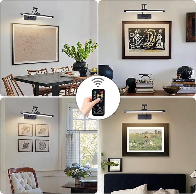Battery Operated Picture Light with Remote 16” Black Art Light for Painting Dimmable & Timer Wireless Gallery Lights 3CCT Frame lighting Rechargeable Wall Lights for Artwork Potrait Dartboard