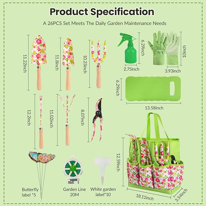 Heavy Duty Floral Gardening Tools Kit - 26PCS Gardening Tool Set with Non-Slip Rubber Handle, Complete Gardening Tool Bag Set for Women