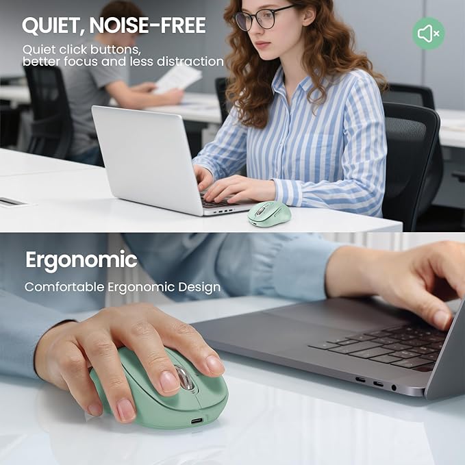 Wireless Bluetooth Mouse for Laptop,USB+BT×2,Quiet Ergo Computer Mouses,Metal 4-Way Super Scrolling,± 3200 DPI,Rechargeable,10 Button,Plug&Play,Multi Device Cordless Mice for iPad,Tablet,Mac,PC(Green)