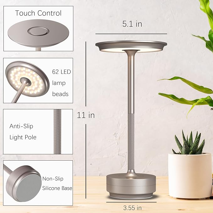 2 Pack Rechargeable Cordless Table Lamps, 5000mAh Portable LED Table Light, 3 Color Stepless Dimming Battery Powered Metal Table Lamp for Outdoor/Home/Restaurant.(Champagne Gold)