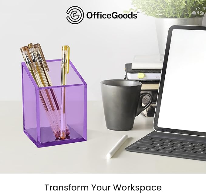OfficeGoods Acrylic Pen & Pencil Holder - Modern Trapezoid Design - Beautiful Desk Organizer for Home or Office - Contrasting Metal Base - 3" Square w/ 3.5" Front & 4.5" Back - Purple