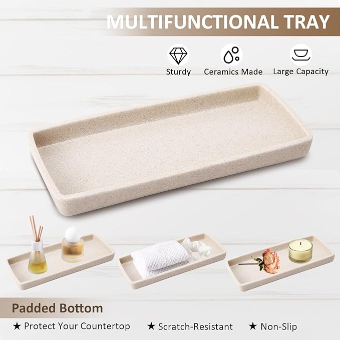 Resin 6 Pcs Beige Bathroom Set Complete with Toothbrush Holder, Lotion Soap Dispenser, 2 Qtip Holder Dispensers,Vanity Tray,Bathroom Tumbler - Countertop Vanity Organizer - Bathroom Accessories Set