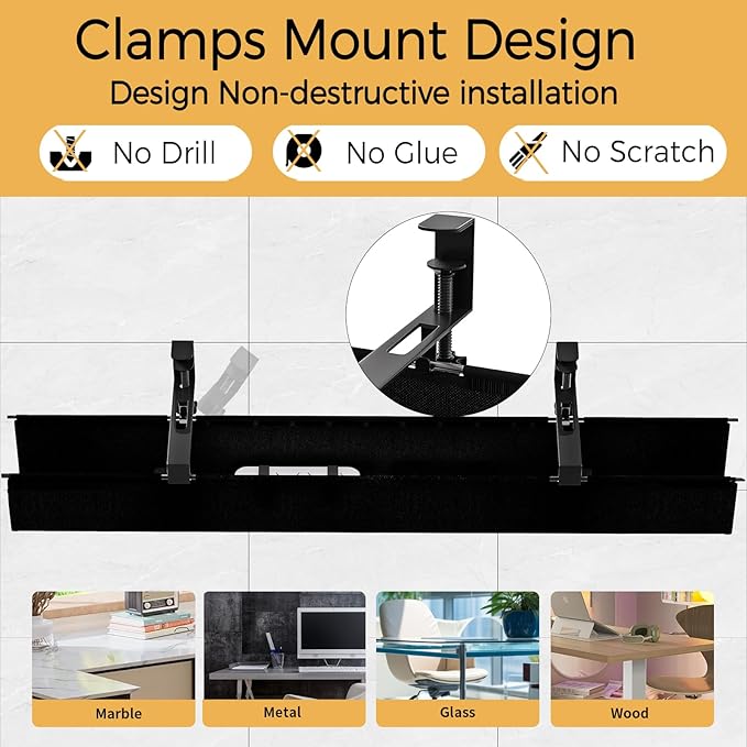 Under Desk Cable Management Tray 39.7" - No Drill Computer Wire Organizer Cable Tray, Fabric Cord Hider Clamp Mount, with 16X Cable Ties PC Cables Management Cord Holder for Office/Home (Black)
