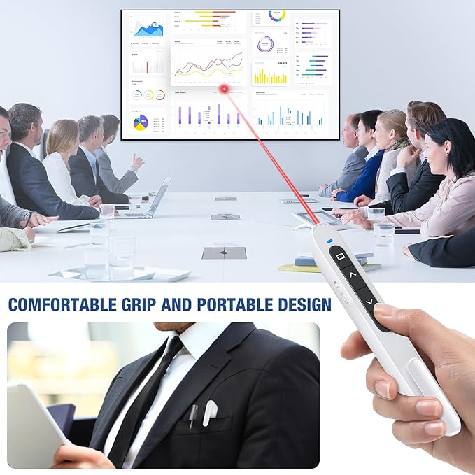 White USB C Presentation Clicker, Volume Control Wireless Presenter, RF 2.4GHz Presentation Remote PowerPoint Clicker Slide Advancer Pointer for Classroom/Office/Mac/PC