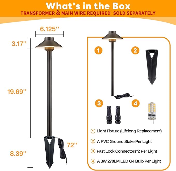Brass Landscape Path Lights - 12V Low Voltage Pathway Light IP65 Waterproof, LED Outdoor Walkway Lighting Wired, Hat Bronze for Patio Lawn with 3W 2700K Warm White G4 Bulb (10 Pack)