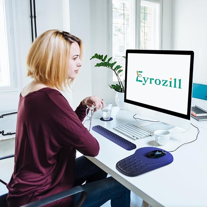 EYROZILL 3 in 1 Ergonomic Mousepad with Wrist Rest, Gaming Keyboard Mouse Pad with Wrist Support Non-Slip Base Massage Design, Pain Relief (Blue/Black)