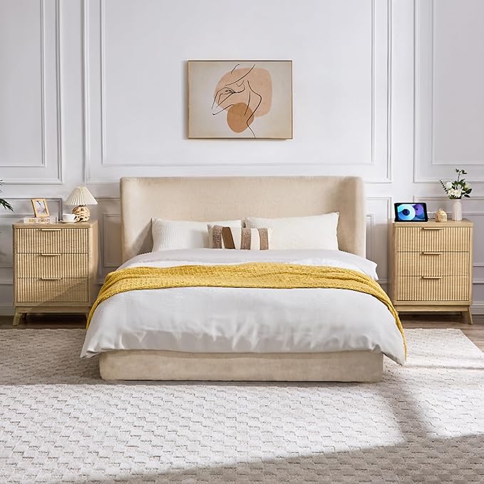 Fluted Nightstand with Charging Station, 23'' Modern Side Table with 3 Large Storage Drawers, Wide Night Stand Bedside End Table Tall Wooden Dresser for Bedroom