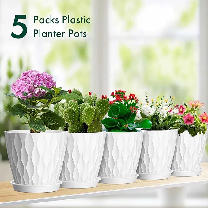 4 inch Small Plastic Nursery Pots, 5 Pack Water Ripples Plant Pots for Indoor Plants, Flower Pots with Drainage Holes and Saucers, Seedling Starter Planters for Succulent Plants, White