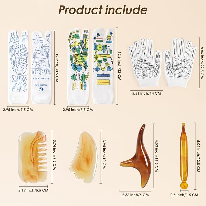 Reflexology Socks Set with Gloves Tools, 2 Pairs Chiro Acupressure Acupuncture Trigger Point 4pcs Massage Tool Gua Sha Foot Hands Head Pain Relief Acupoint Birthday Gifts for Women E