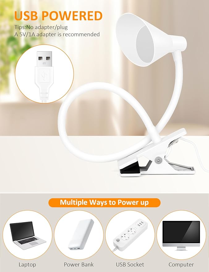 Desk Lamp Clip on Light USB Reading Light 3 Color Modes 10 Dimmable Brightness Eye Care Clamp Desk Lamp Flexible Gooseneck Book Light for Reading in Bed and Desk