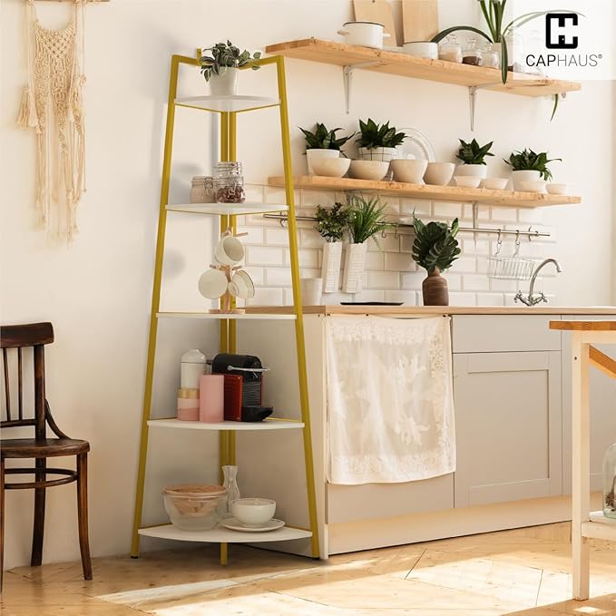 CAPHAUS Tall Corner Shelf Stand, 5-Tier Display Shelves, Ladder Corner Wood Storage Plant Bookshelf with Metal Frame, Versatile Shelving Unit Bookcase for Home Office Space, Gold