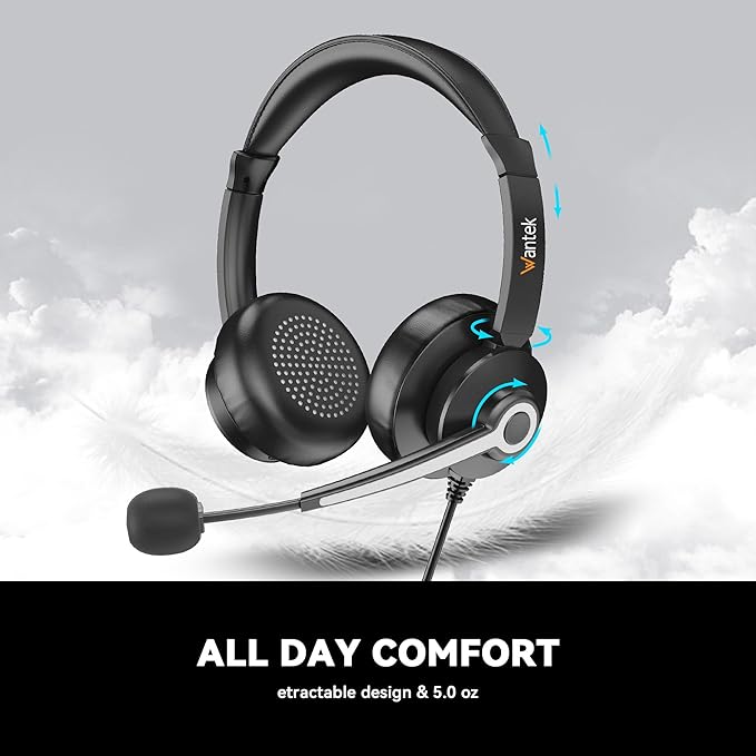 Wantek USB & 3.5mm Headset with Mic for PC/Laptop,Wired Headset with Noise-Cancelling Microphone & Audio Controls Perfect for Home Office Online Class Skype Zoom Call Center Webinar,All Day Comfort