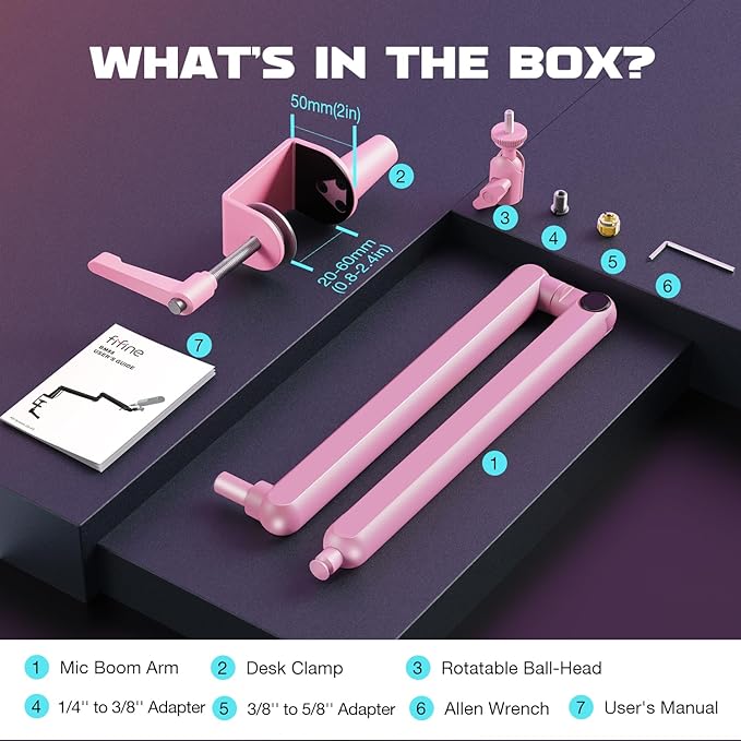 FIFINE Low Profile Boom Arm Mic Stand, Microphone Stand with Cable Management Channel, Desk Clamp, Screw Adapter for Streaming Podcast Recording, Adjustable Metal Mic Boom Arm Pink-BM88P