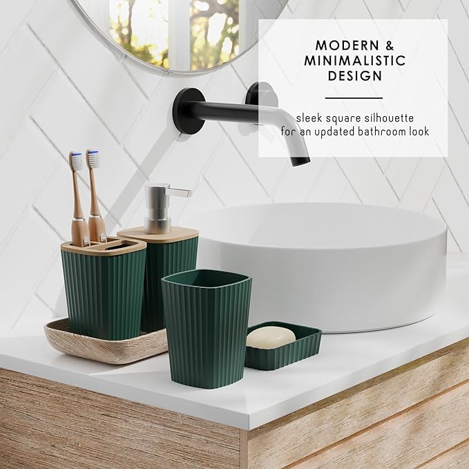 Clara Clark Bathroom Accessories Set - Green Bathroom Set, 20PC Bathroom Accessory Set, Shower Curtain Set, Toilet Brush, Trash Can & Soap Dispenser