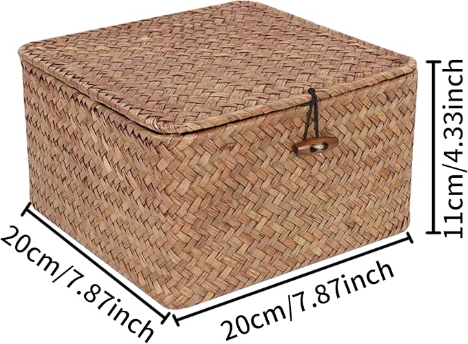 Wicker Shelf Baskets with Lid, Handwoven Seagrass Storage Basket Bins Square Gift Boxes for Shelves Home Decor Organizer (Coffee, Small)
